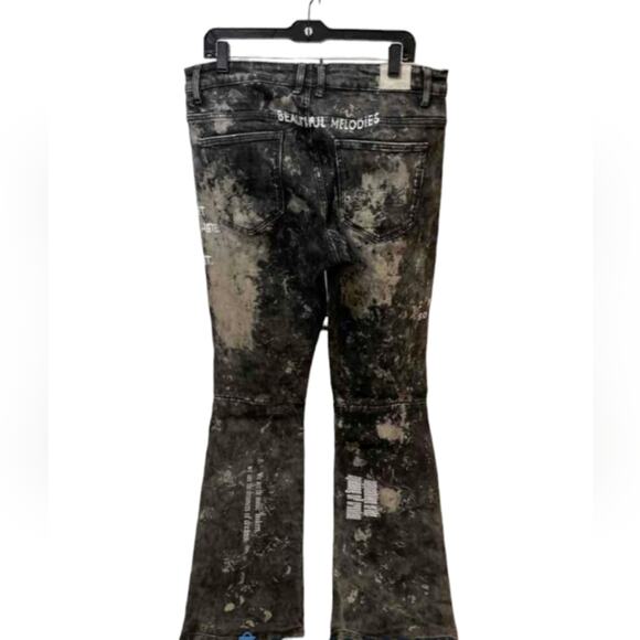 EMBELLISH EUC MENS UNISEX SIZE 36 x 35 HATE/LOVE DENIM BLACK JEANS - Picture 2 of 13